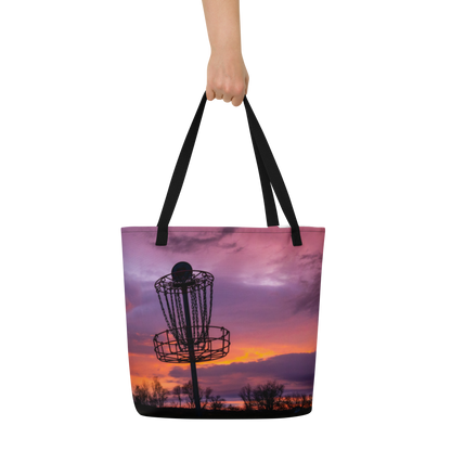 Disc Golf Sunrise Large Tote Bag with pocket